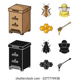 The bee, the bee-keeper in the mask, the honeycomb of the honey.Apiary set collection icons in cartoon,black style vector symbol stock illustration web.