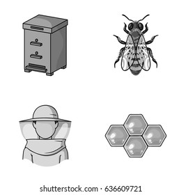 The bee, the bee-keeper in the mask, the honeycomb of the honey.Apiary set collection icons in monochrome style vector symbol stock illustration web.