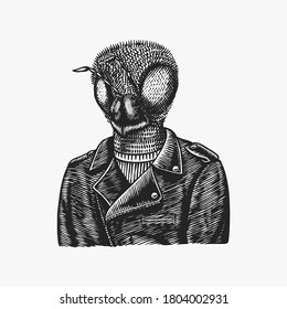 Bee biker. Fly in a leather jacket. Fashion insect character. Hand drawn sketch. Vector engraved illustration for logo, label and tattoo or T-shirts.