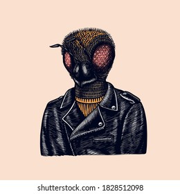 Biker de abejas. Volar con una chaqueta de cuero. Personaje de insectos de moda. Esbozo dibujado a mano. Ilustración grabada de vectores para el logotipo, etiqueta y tatuaje o camisetas.