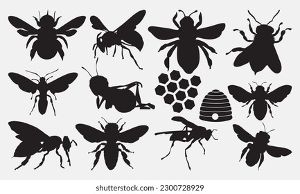 Bee black shape vector illustration set isolated on white background. Detailed decorative beekeeping logotype design elements.