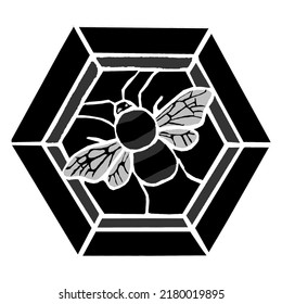 Bee black and white stained glass  hexagon stencil tattoo art design, logo business card, symbol Photoshop vector digital artwork monochrome wildlife nature minimalist drawing bold dark and light grey