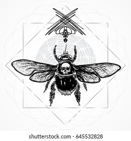 Bee body tattoo style on sacred geometry. Beautiful goddess honeybee boho t-shirt design with wings and human skull symbol of freedom. Woman style winged bumblebee god of reincarnation and rebirth. 