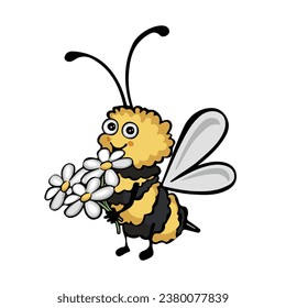 Bee with a bouquet of daisies, vector illustration