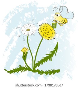 A bee with a bucket flies over dandelions. It's a vector illustration. An animated drawing.