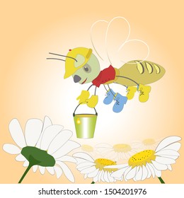 Bee with a bucket of honey over flowers. Vector.