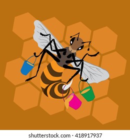 bee with buckets of honey on honeycomb background in cartoon style