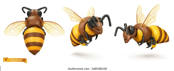 Bee, bumblebee. 3d cartoon vector icon set. Plasticine art illustration