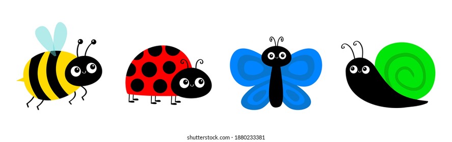 Bee bumblebee, butterfly, snail cochlea, lady bug ladybird flying insect icon set. Cute cartoon kawaii funny baby character. Ladybug. Happy Valentines Day. Flat design. White background. Vector