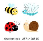 Bee bumblebee, Dragonfly, Ladybug, snail cochlea, lady bug ladybird flying insect icon set. Cute cartoon kawaii funny baby character. Happy Valentines Day. Flat design. White background. Vector
