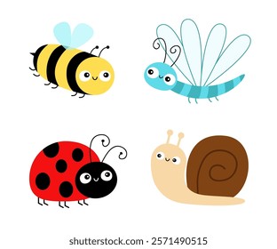 Bee bumblebee, Dragonfly, Ladybug, snail cochlea, lady bug ladybird flying insect icon set. Cute cartoon kawaii funny baby character. Happy Valentines Day. Flat design. White background. Vector