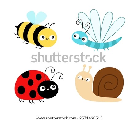 Bee bumblebee, Dragonfly, Ladybug, snail cochlea, lady bug ladybird flying insect icon set. Cute cartoon kawaii funny baby character. Happy Valentines Day. Flat design. White background. Vector