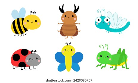 Bee, bumblebee, grasshopper, dragonfly, ladybug ladybird, butterfly lady bug. Insect set. Cute cartoon funny kawaii baby animal. Childish style. Flat design. White background Vector