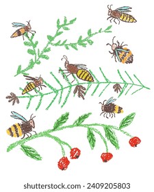 Bee or bumblebee on plant branch with red berries. Doodle hand drawn black yellow striped flying insect. Crayon, pencil pastel chalk like kid`s style vector funny cartoon summer art