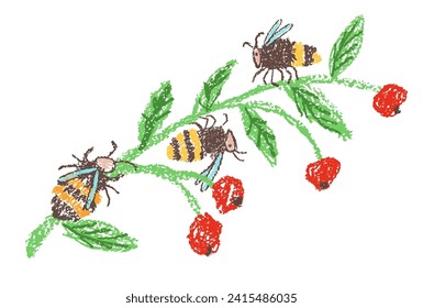 Bee or bumblebee on plant branch with red berries. Doodle hand drawn black yellow striped flying insect. Crayon, pencil pastel chalk like kid`s style vector funny cartoon summer art