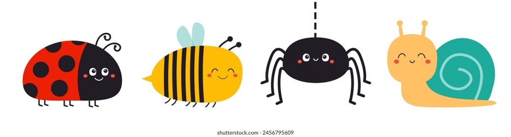 Bee bumblebee, snail cochlea, spider web, lady bug ladybird flying insect icon set line. Cute cartoon kawaii funny baby character. Ladybug. Happy Valentines Day. Flat design. White background. Vector