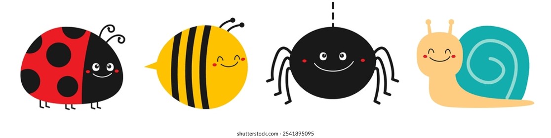 Abeja abejorro, cóclea de caracol, Web de araña, lady bug ladybird insecto volador icono conjunto línea. Mariquita. Caricatura linda kawaii personaje divertido del bebé. Feliz día de San Valentín. Diseño plano. El fondo blanco. Vector