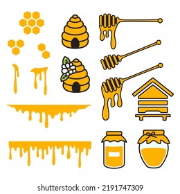 Bee bundle. Beekeeper set. Beehive, honey jar, beeswax. Honey dipper. Cute cartoon illustrations. Vector collection of elements isolated on white background