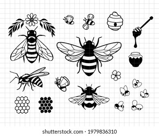 Bee bundle design.  Cute baby animals. Silhouette vector flat illustration. Cutting file. Suitable for cutting software. Cricut, Silhouette