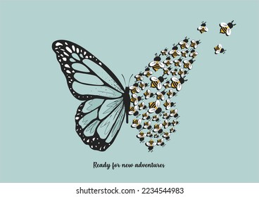 bee butterfly hand drawn design vector