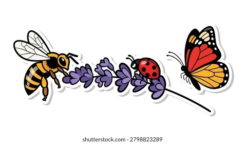 Bee butterfly ladybug on purple flowers