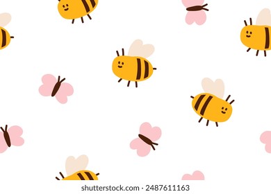 Abeja y mariposa, patrón sin fisuras. Impresión repetitiva sin fin con insectos lindos. Diseño infantil, fondo de verano para tela, Fondo de pantalla y envoltura. Divertidos abejorros voladores. Ilustración vectorial plana