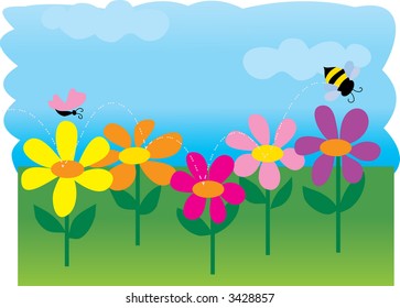 A bee and a butterfly in a spring garden