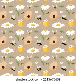 Bee and camomile seamless pattern. Beehive, daisies, bees, honey and honeycombs in a kids pattern. Seamless is suitable for print, fabric, wrapping paper, bar and menu decoration