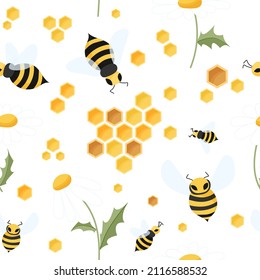 Bee and camomile seamless pattern. Beehive, daisies, bees, honey and honeycombs in a kids pattern. Seamless is suitable for print, fabric, wrapping paper, bar and menu decoration.