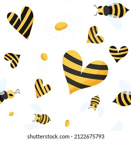 Bee and camomile seamless pattern. Bee, daisies, and hearts in a kids pattern. Seamless is suitable for print, fabric, wrapping paper, bar and menu decoration