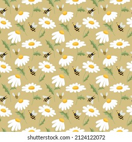 Bee and camomile seamless pattern. Bee and daisies in a kids pattern. Seamless is suitable for print, fabric, wrapping paper, bar and menu decoration