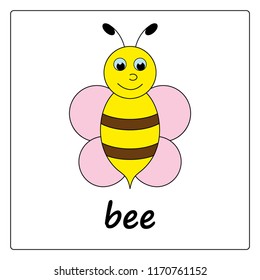 bee -  сartoon card, worksheet for children. Education game for kids. flashcards for learning English.