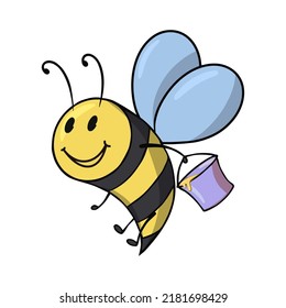 Bee carries a bucket of honey, Cute little bee character, vector illustration in cartoon style