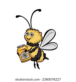 Abeja con un frasco de miel, ilustración vectorial