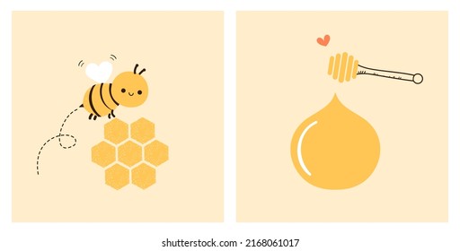 Caricatura de abejas, colmena, gota de miel y logotipos de palos de madera en ilustración vectorial de fondo amarillo.