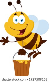 Bee Cartoon Character Flying With Bucket. Vector Illustration Flat Design Isolated On Transparent Background