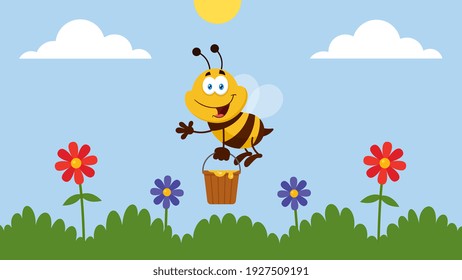 Bee Cartoon Character Flying With Bucket In The Garden. Vector Illustration Flat Design With Background