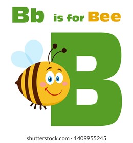 Bee Cartoon Character Flying Over Letter B And Text. Vector Illustration Flat Isolated On Transparent Background