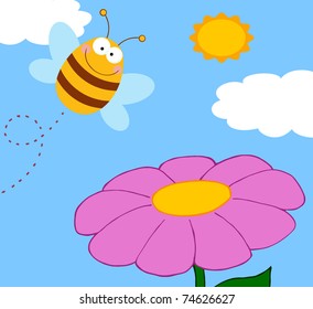 Bee Cartoon Character Flying Over Flower Raster Illustration
