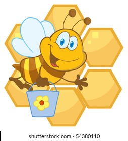 Bee Cartoon Character In Front Of A Orange Bee Hives