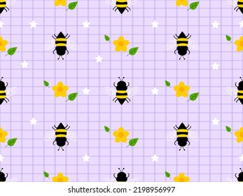 Bee cartoon character seamless pattern on purple background