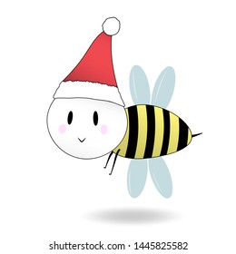 Bee cartoon character wearing a red Santa Claus hat isolated on white. Vector illustration.