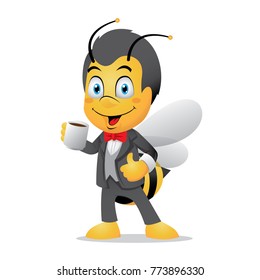 Bee cartoon character wearing suit drinking coffee.