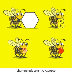 Bee cartoon characters on  yellow background with Hexagon it holding alphabet holding honey pot