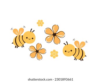 Dibujo de abejas, símbolo de miel de flores tiernas y abejorros aislados en ilustración vectorial de fondo blanco. 