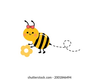 Bee cartoon with cute flower isolated on white background vector illustration.