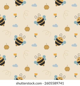 Bee cartoon so cute. On flower honeycomb cloud background. Pattern seamless vector illustration. 