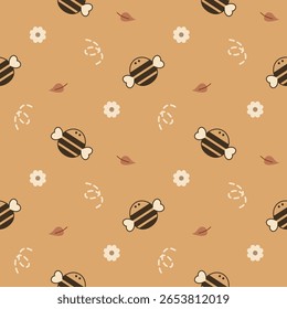 Bee cartoon so cute. On flower leaf yellow background. Pattern seamless vector illustration. 