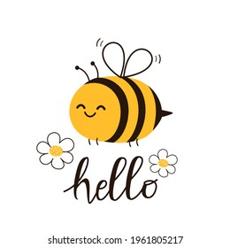 Bee cartoon, daisy flower and hand written font isolated on white background vector illustration. 