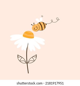 Bee cartoon and daisy flower on orange background vector illustration.